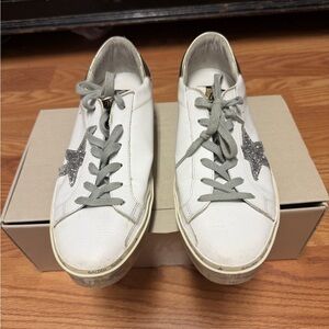 Golden Goose White Leather Sneakers with Silver Glitter Star